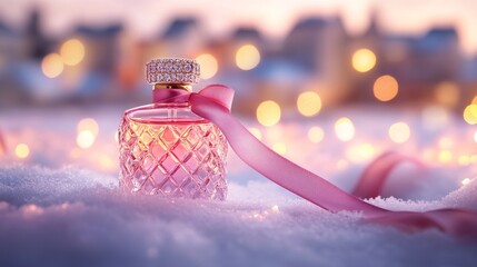 professional high quality photography, pink diamond parfume, standing on snow, on the background a city of houses with golden lights, made of diamonds, tied with a pink ribbon, lakreshi style, brand p