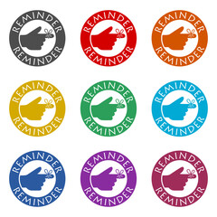 Reminder hand with string tied to finger icon isolated on white background. Set icons colorful