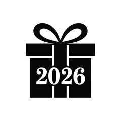 Black and white icon of a gift box with the year 2026 on it and a ribbon bow