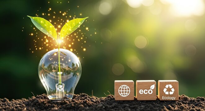 Green energy idea plant growing in light bulb, ecology concept. - Powered by Adobe