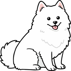 Fluffy White Smiling Samoyed Puppy Sitting Cartoon Illustration