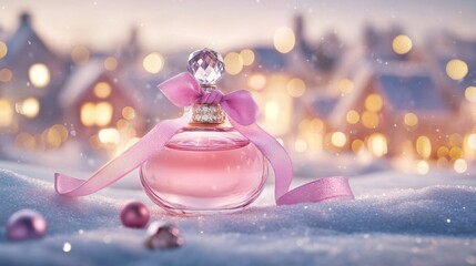 professional high quality photography, pink diamond parfume, standing on snow, on the background a city of houses with golden lights, made of diamonds, tied with a pink ribbon, lakreshi style, brand p