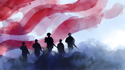 Patriotic soldiers silhouette against waving American flag watercolor illustration evokes respect