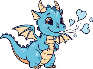 Cute Blue Dragon Breathing Hearts on White Background fantasy mythical creature