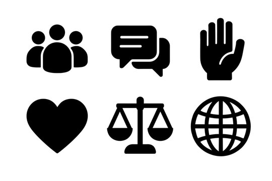 Minimalist icons: communication, justice, community, and global symbolism