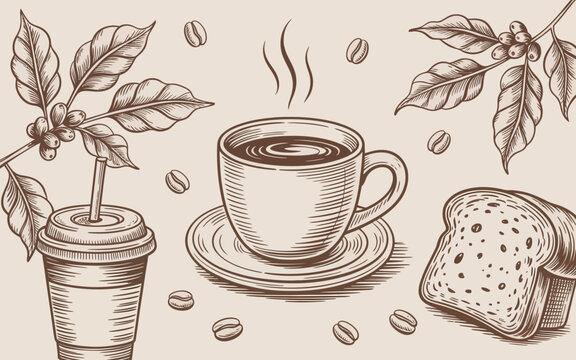 A vintage-style illustration showcasing a cup of coffee and a piece of bread surrounded by coffee beans, conveying warmth, comfort, and the simple pleasures of daily life.
