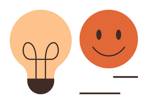 Light bulb representing inspiration alongside a smiling face denoting positivity and creativity. Ideal for innovation, motivation, happiness, communication, teamwork, education, branding. Simple flat