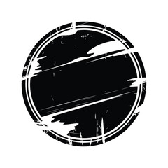 Distressed black circle stamp with grunge texture and white outline isolated on white background