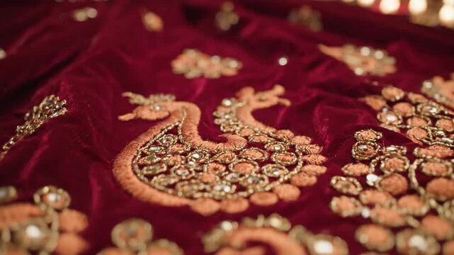 Indian Wedding Fabric Red Velvet Zari Embroidery Peacock Design Diyas