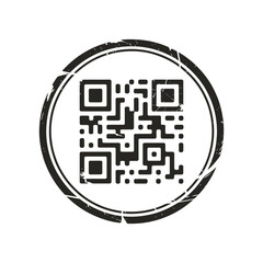 Black and white circular stamp with a qr code inside for scanning and digital information