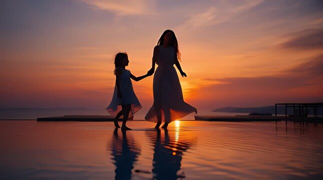 Heartwarming silhouette of a mother and daughter holding hands by an infinity pool, reflecting the vibrant sunset hues over the serene ocean horizon