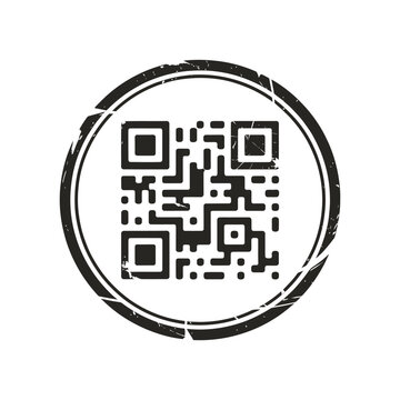 Black and white circular stamp with a qr code inside for scanning and digital information