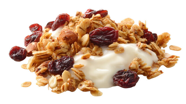 A vibrant mix of crunchy granola, sweet dried cranberries, and creamy white yogurt creates a wholesome breakfast
