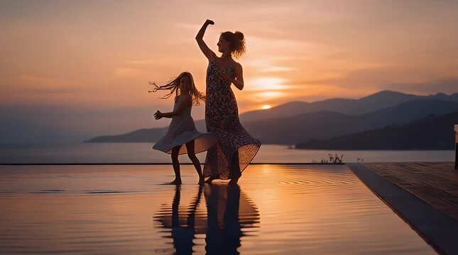 Silhouetted mother and daughter dancing joyfully by a serene infinity pool at sunset