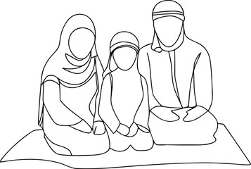 Muslim family illustration in traditional attire outline