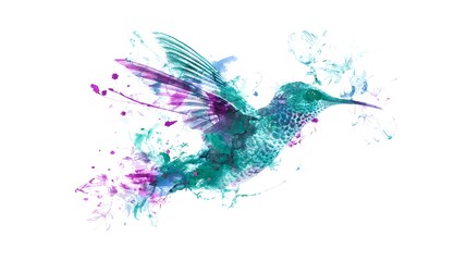 Obraz premium Vibrant Hummingbird Flight Watercolor Art Dynamic Teal Emerald Magenta Motion Energy Illustration