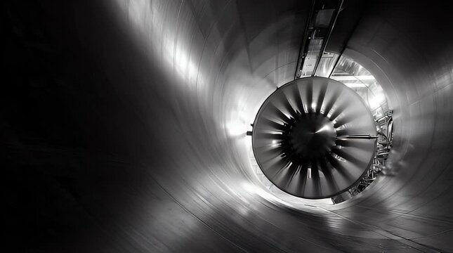 Inside view of a powerful jet engine turbine in motion, showcasing advanced aerospace engineering and mechanical design in a sleek, monochromatic industrial setting