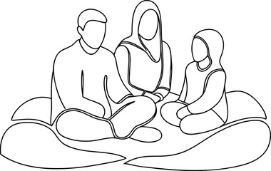 Muslim family sitting together continuous line drawing