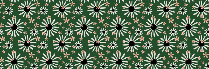 Seamless vector floral pattern with white chamomile daisies and beige flowers on a dark green background. Elegant, natural botanical design for fabric, stationery, and packaging