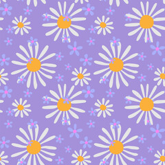 Seamless vector floral pattern with white chamomile daisies and lilac blue flowers on a soft purple background. Bright, playful spring design for fabric, wallpaper, and stationery