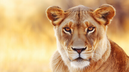 Fototapeta premium ferocity. Lioness portrait with intense gaze and detailed fur in golden savannah setting. wildlife magazines, conservation campaigns, designed for wildlife conservation campaigns.