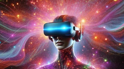 video of female figure in VR headset with colorful digital particles radiating energetic tech mood

