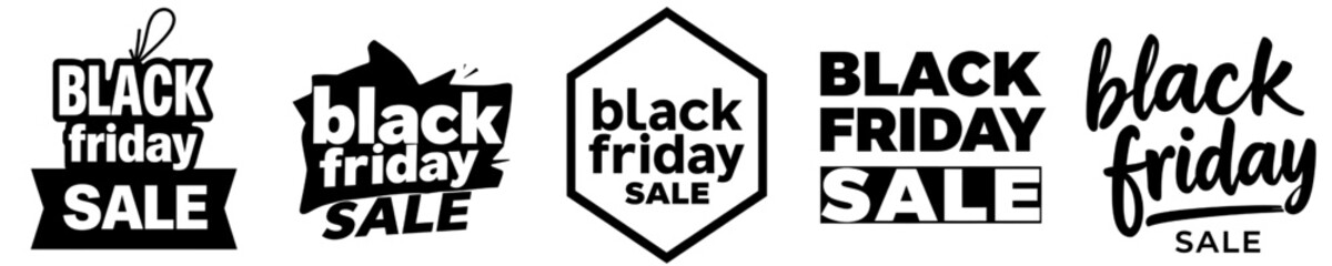 A collection of five vector graphics promoting Black Friday sales. Each design features the text 