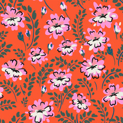 Seamless vector floral pattern with pink and white flowers and green leaves on a vibrant coral background. Bold hand drawn botanical design for fabric, wrapping, and home decor