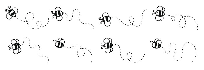 Bee flying path. A bee flying in a dotted line The flight path of a bee to honey. © Bukev