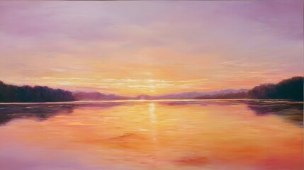 Serene lakeside sunset painting warm golden hues reflect peaceful atmosphere tranquil waterscape