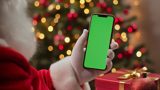 Santa Claus interacts with a green screen smartphone on Christmas