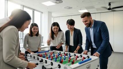 Diverse team celebrates victory playing foosball in a modern office break room, fostering camaraderie and fun. 4k high quality footage