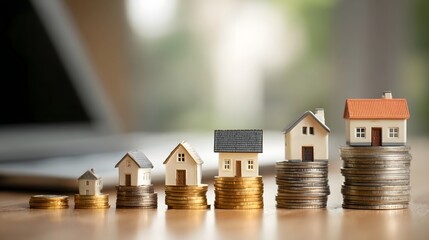 Miniature houses placed on escalating stacks of coins symbolize real estate investment growth and financial planning