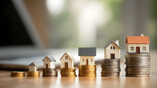 Miniature houses placed on escalating stacks of coins symbolize real estate investment growth and financial planning - Powered by Adobe