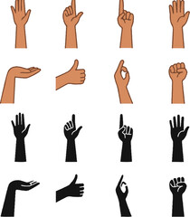 Hand Gestures Vector Icon Set &ndash; Diverse Skin Tones, Sign Language, Actions, Communication, and Gesture Pack