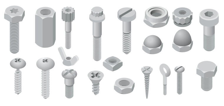 Screw bolt icons set isometric style