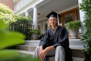 Young caucasian female graduate sitting on porch steps in cap and gown