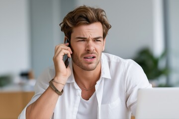 Confused young caucasian male on phone in casual office setting
