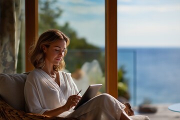 Young caucasian female relaxing indoors with tablet by ocean view
