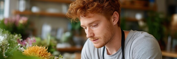 Young caucasian male florist arranging flowers in shop