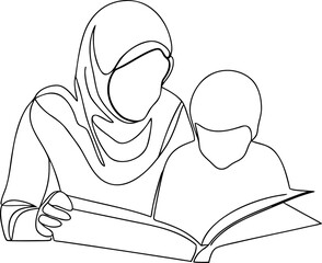 Muslim woman reading with child one line drawing