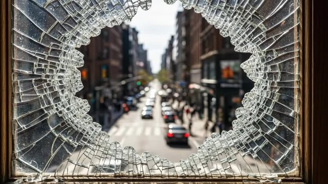 Urban street view through shattered glass: dynamic cityscape in three phases