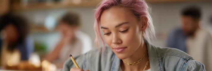 Young asian female student engaged in study with focus and pink hair in casual setting