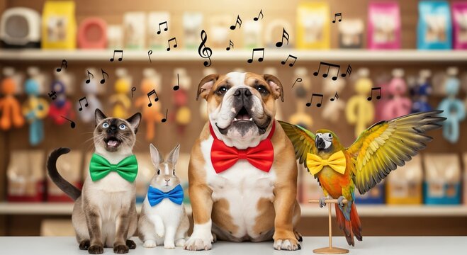 Adorable pet quartet: a cat, rabbit, bulldog, and parrot, all wearing colorful bow ties, singing together in a pet store with musical notes.