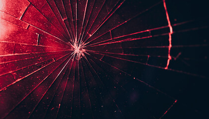 Dramatic background of shattered red glass with radial cracks,abstract concept of impact and destruction,dark grunge horror texture
