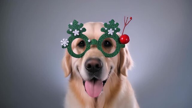 Adorable Golden Retriever Dog Wearing Christmas Tree Glasses Smiling