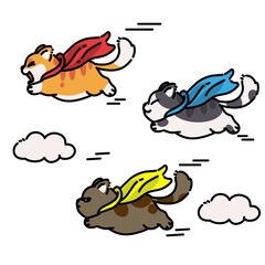 adorable cartoon cats flying with colorful superhero capes in the sky. 
