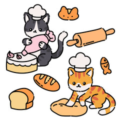cute cartoon cats baking bread with rolling pin and pastries in a playful kitchen scene.