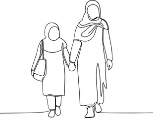 One line drawing of muslim mother and daughter