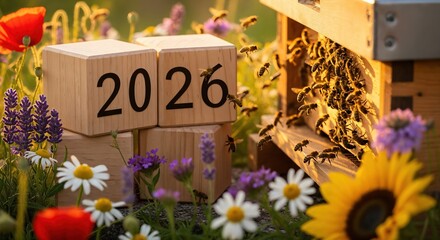 Wooden blocks displaying the year 2026 nestled among vibrant wildflowers and a bustling beehive with bees flying, symbolizing future growth and environmental harmony.